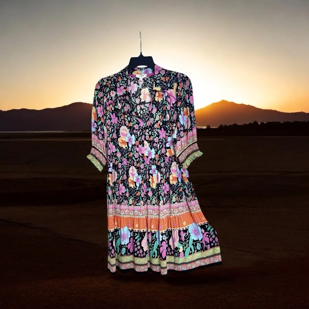 Umgee Floral Boho Multicolor Short Sleeve Casual Dress Size‎ S